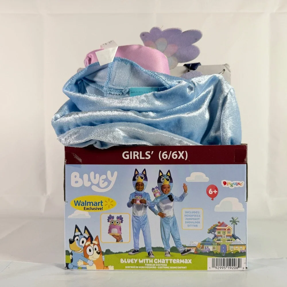 Bluey with Chattermax Costume Boys Girls Size 6/6X Jumpsuit Headpiece Disguise
